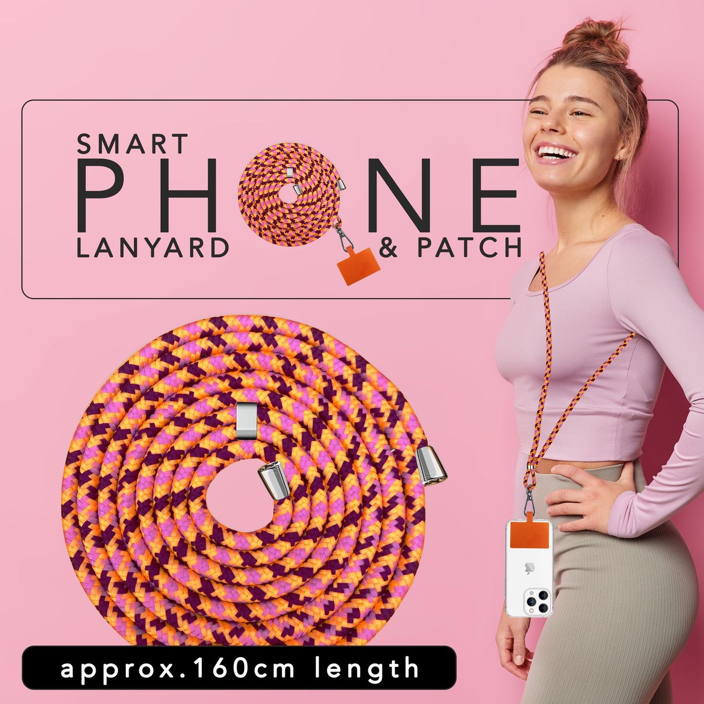 NALIA Bunte Universal-Kette mit Pad, Band für Handy-Hülle zum Umhängen, Karabinerhaken Anhänger Metall, Schlüsselband Umhängeband 160 CM, Crossbody Lanyard mit Schlaufe