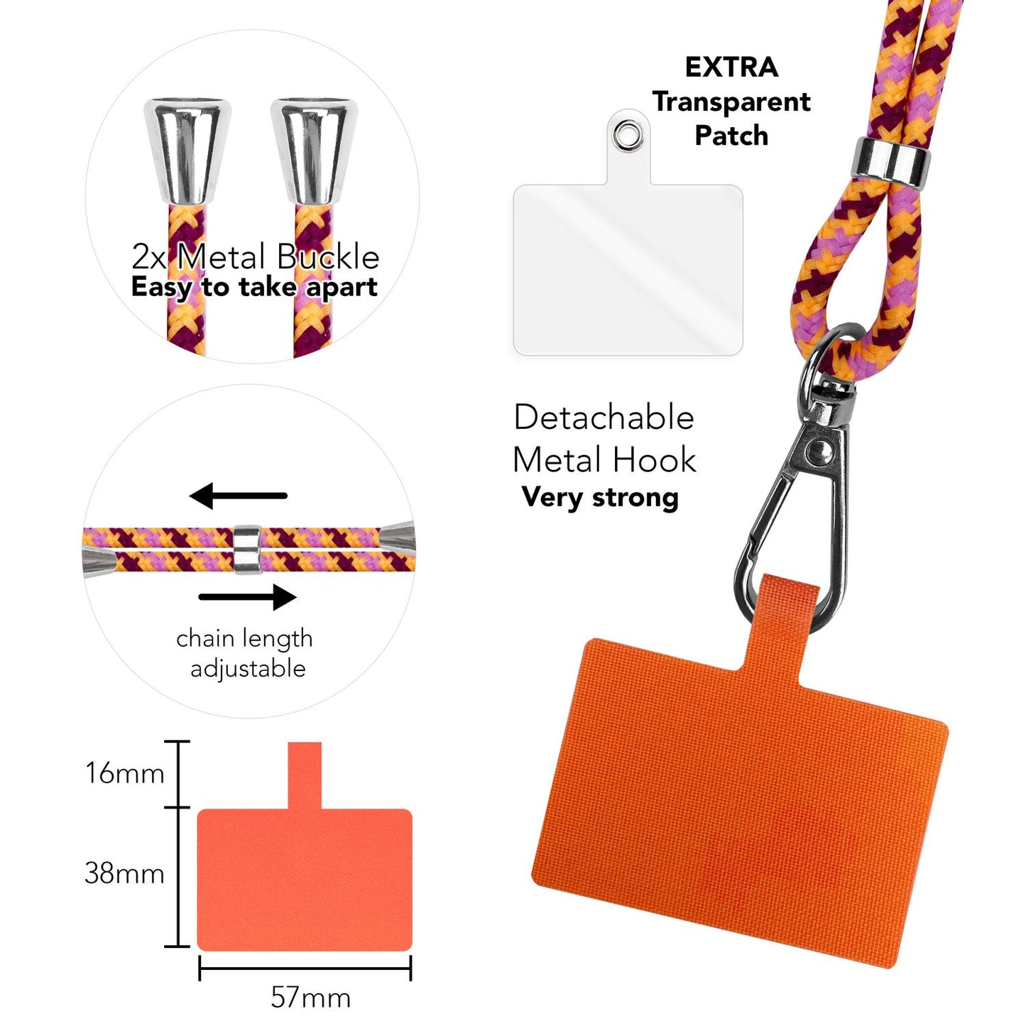 NALIA Bunte Universal-Kette mit Pad, Band für Handy-Hülle zum Umhängen, Karabinerhaken Anhänger Metall, Schlüsselband Umhängeband 160 CM, Crossbody Lanyard mit Schlaufe