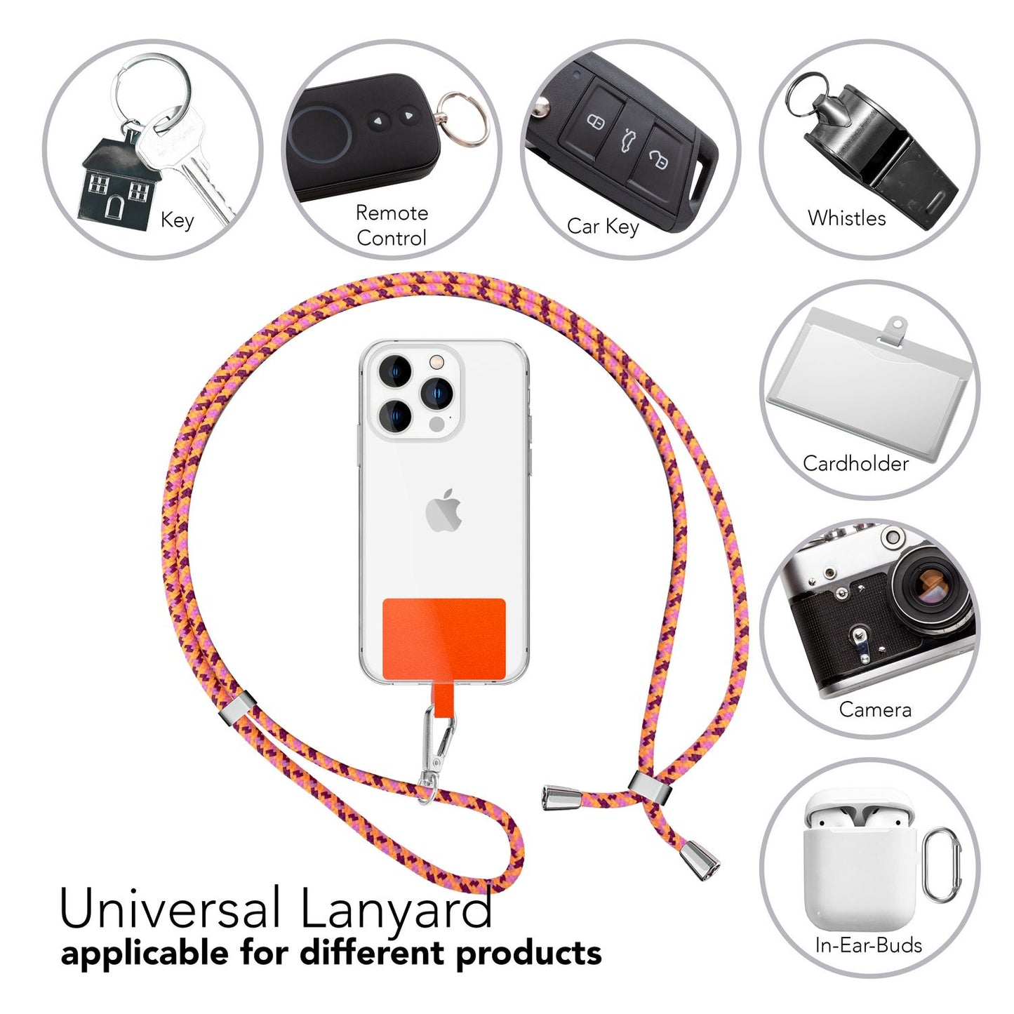 NALIA Bunte Universal-Kette mit Pad, Band für Handy-Hülle zum Umhängen, Karabinerhaken Anhänger Metall, Schlüsselband Umhängeband 160 CM, Crossbody Lanyard mit Schlaufe