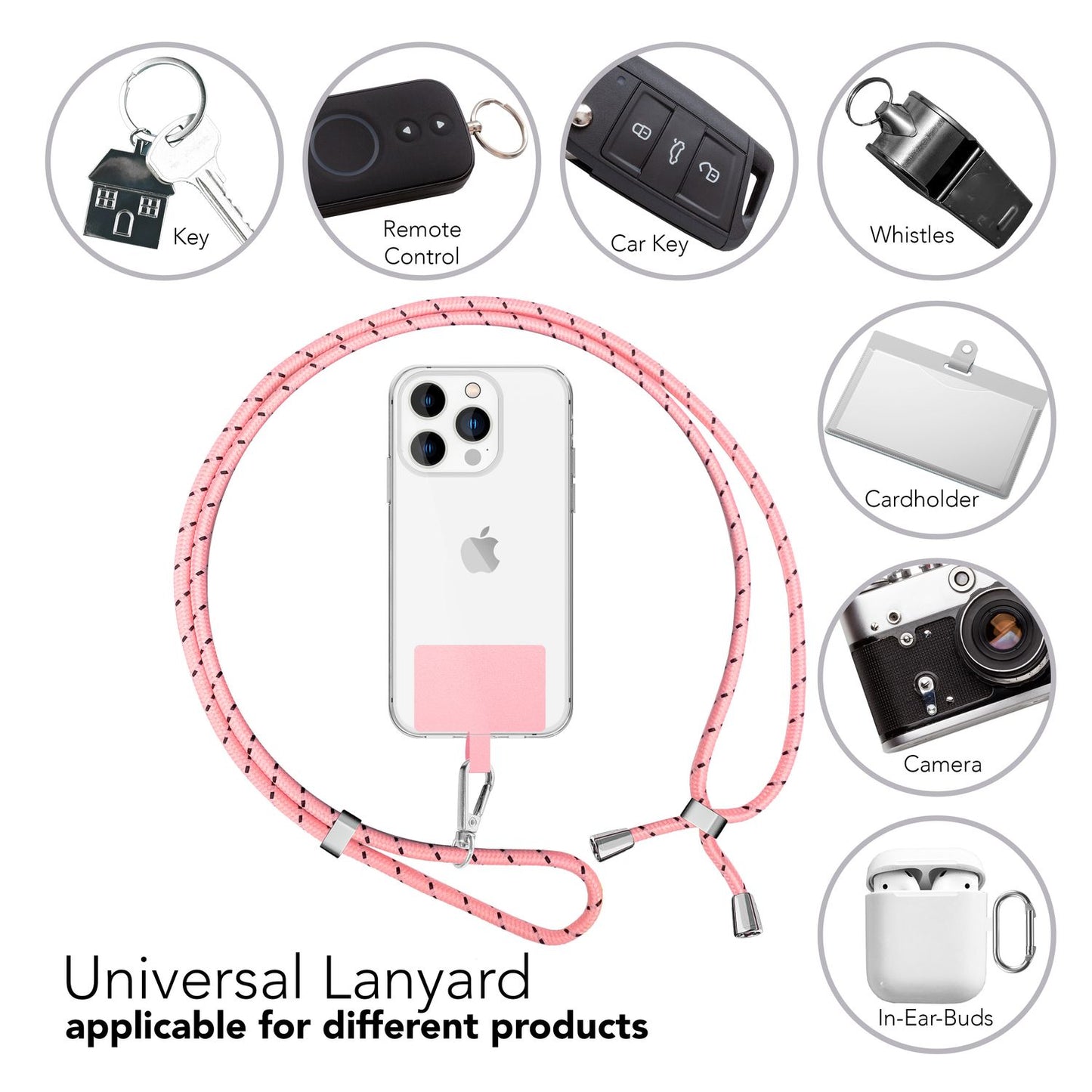 NALIA Bunte Universal-Kette mit Pad, Band für Handy-Hülle zum Umhängen, Karabinerhaken Anhänger Metall, Schlüsselband Umhängeband 160 CM, Crossbody Lanyard mit Schlaufe