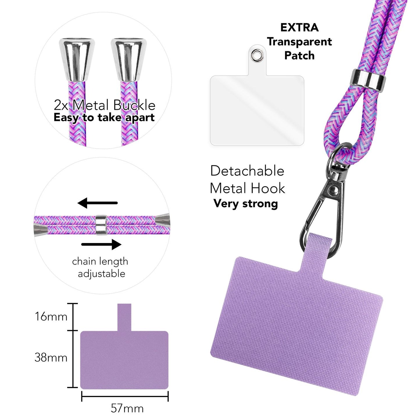 NALIA Bunte Universal-Kette mit Pad, Band für Handy-Hülle zum Umhängen, Karabinerhaken Anhänger Metall, Schlüsselband Umhängeband 160 CM, Crossbody Lanyard mit Schlaufe