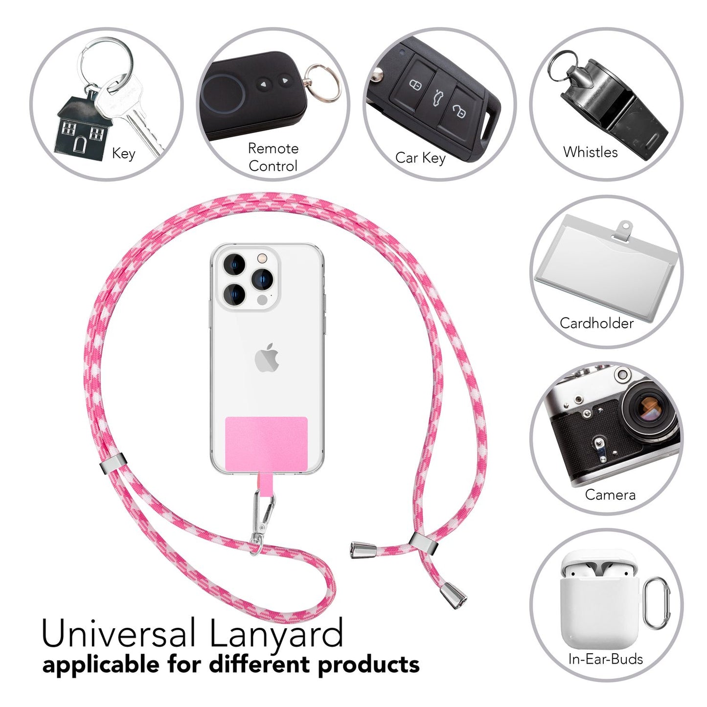 NALIA Bunte Universal-Kette mit Pad, Band für Handy-Hülle zum Umhängen, Karabinerhaken Anhänger Metall, Schlüsselband Umhängeband 160 CM, Crossbody Lanyard mit Schlaufe