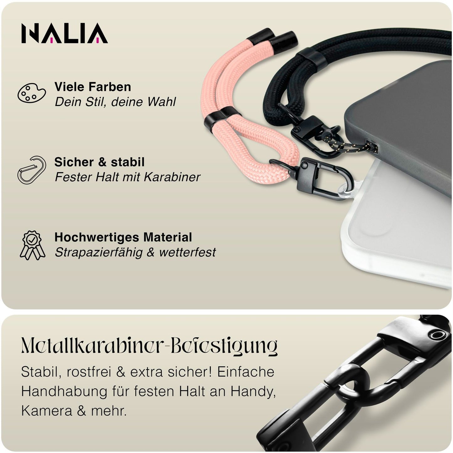 NALIA Universal Handykette Kurz & Kamera-Band – WRISTY (Verstellbare Handgelenkschlaufe inkl. 2 Patches & Feinschlaufe) – Marke aus Berlin
