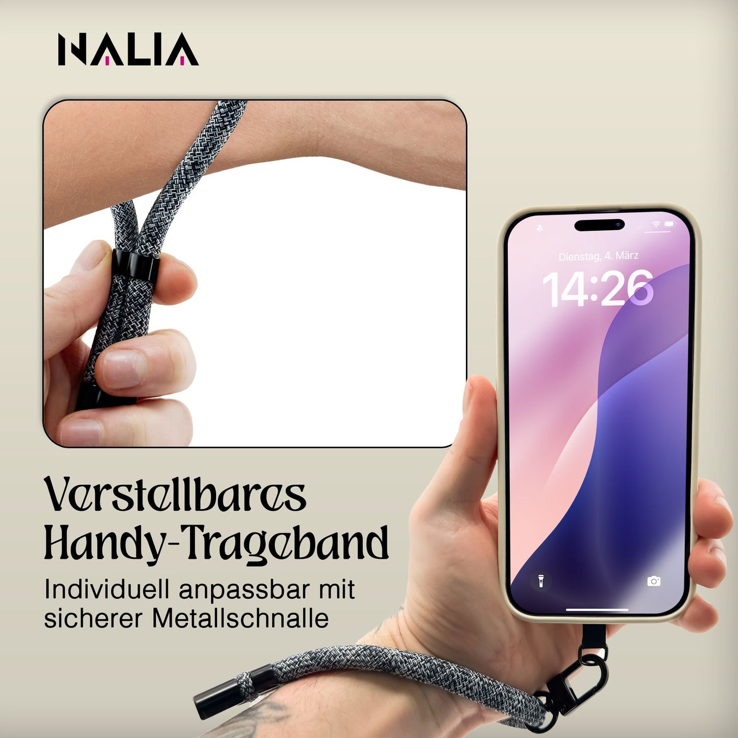 NALIA Universal Handykette Kurz & Kamera-Band – WRISTY (Verstellbare Handgelenkschlaufe inkl. 2 Patches & Feinschlaufe) – Marke aus Berlin