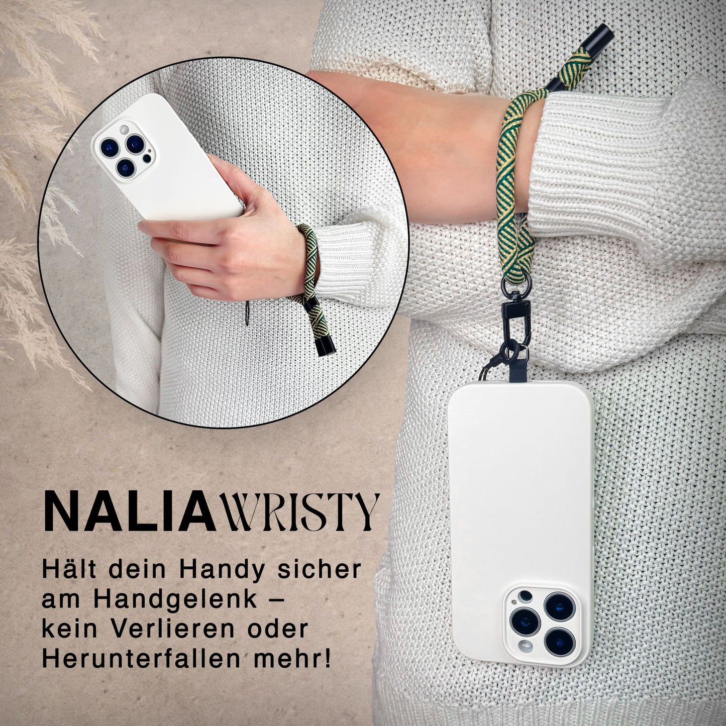 NALIA Universal Handykette Kurz & Kamera-Band – WRISTY (Verstellbare Handgelenkschlaufe inkl. 2 Patches & Feinschlaufe) – Marke aus Berlin