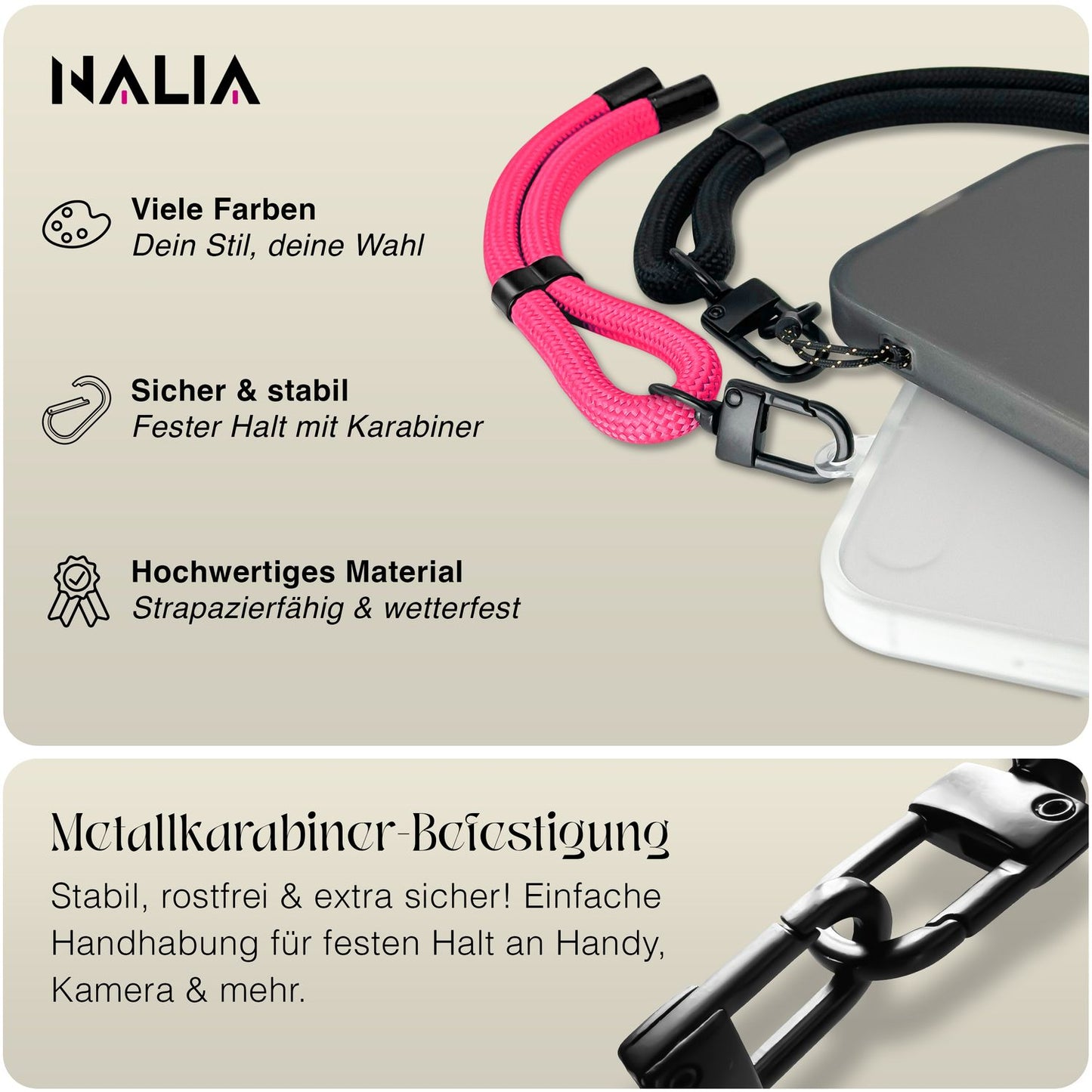 NALIA Universal Handykette Kurz & Kamera-Band – WRISTY (Verstellbare Handgelenkschlaufe inkl. 2 Patches & Feinschlaufe) – Marke aus Berlin