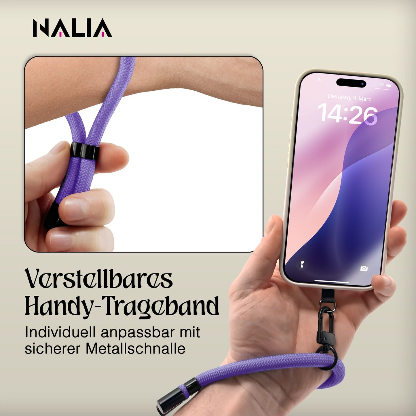 NALIA Universal Handykette Kurz & Kamera-Band – WRISTY (Verstellbare Handgelenkschlaufe inkl. 2 Patches & Feinschlaufe) – Marke aus Berlin