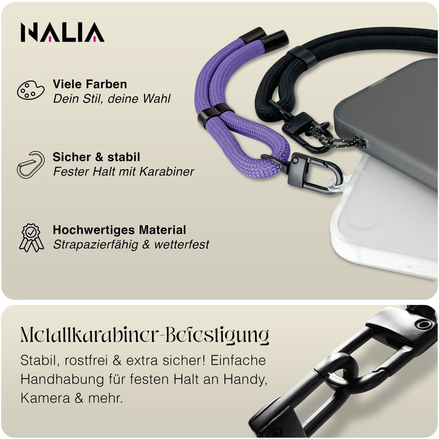 NALIA Universal Handykette Kurz & Kamera-Band – WRISTY (Verstellbare Handgelenkschlaufe inkl. 2 Patches & Feinschlaufe) – Marke aus Berlin