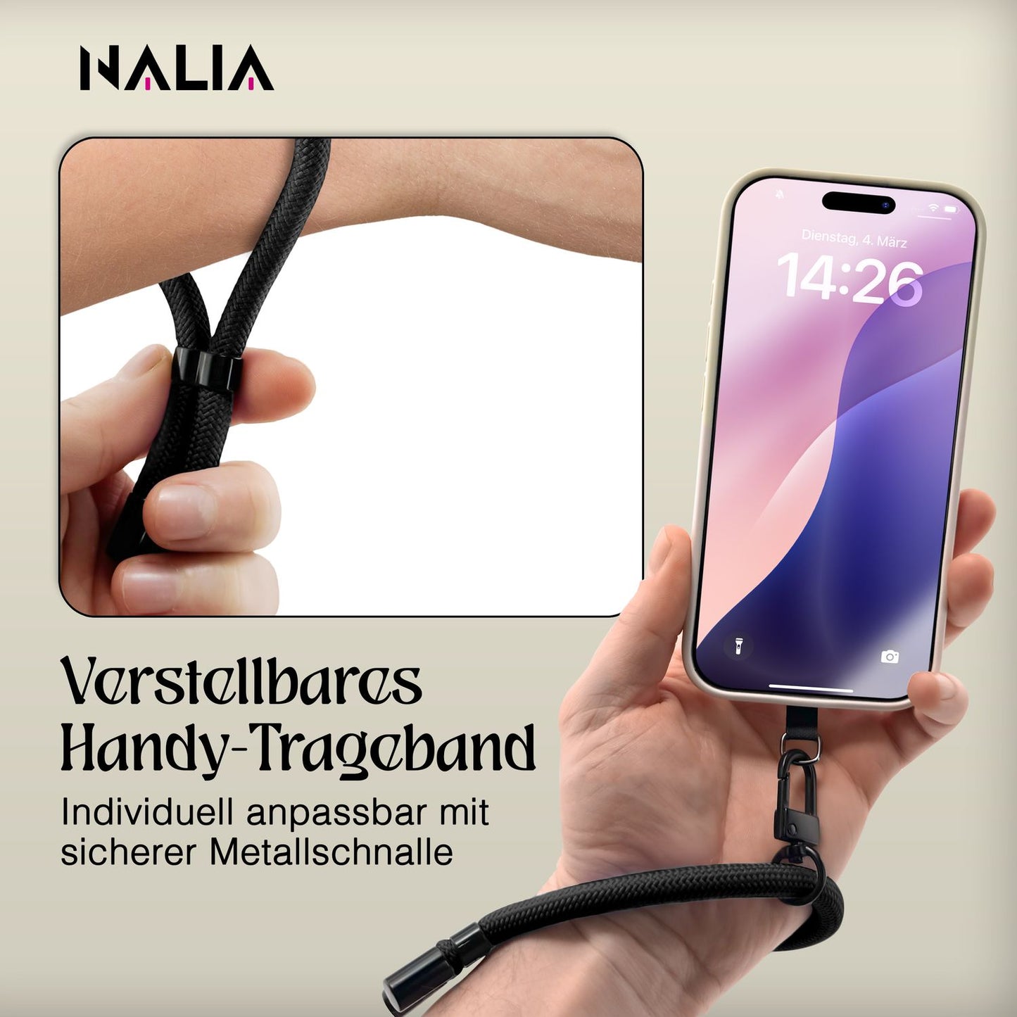 NALIA Universal Handykette Kurz & Kamera-Band – WRISTY (Verstellbare Handgelenkschlaufe inkl. 2 Patches & Feinschlaufe) – Marke aus Berlin