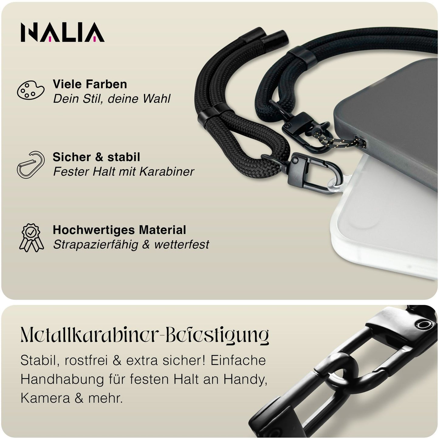 NALIA Universal Handykette Kurz & Kamera-Band – WRISTY (Verstellbare Handgelenkschlaufe inkl. 2 Patches & Feinschlaufe) – Marke aus Berlin