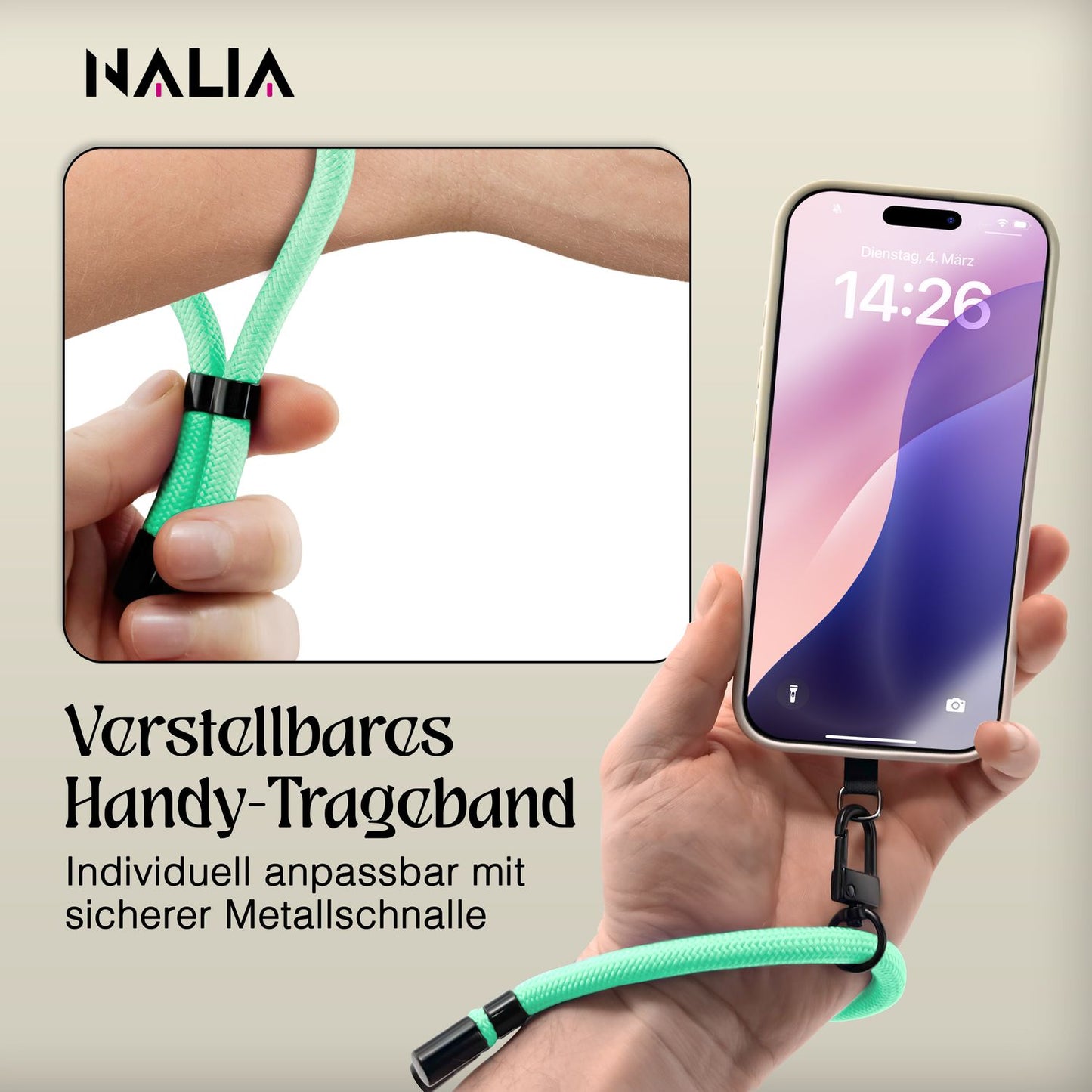 NALIA Universal Handykette Kurz & Kamera-Band – WRISTY (Verstellbare Handgelenkschlaufe inkl. 2 Patches & Feinschlaufe) – Marke aus Berlin