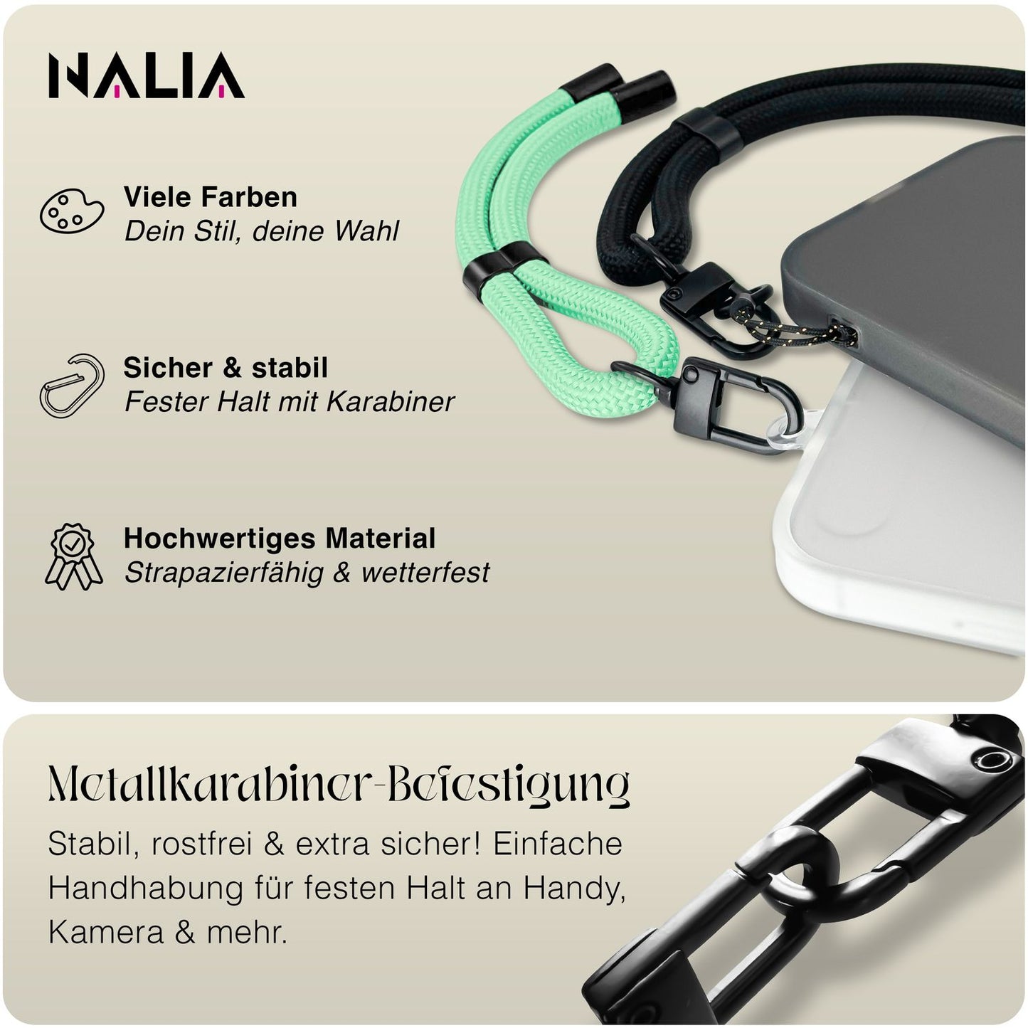 NALIA Universal Handykette Kurz & Kamera-Band – WRISTY (Verstellbare Handgelenkschlaufe inkl. 2 Patches & Feinschlaufe) – Marke aus Berlin