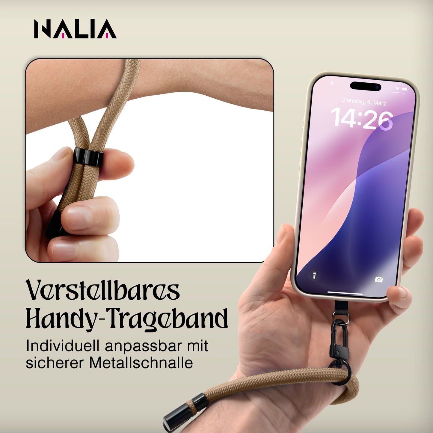 NALIA Universal Handykette Kurz & Kamera-Band – WRISTY (Verstellbare Handgelenkschlaufe inkl. 2 Patches & Feinschlaufe) – Marke aus Berlin