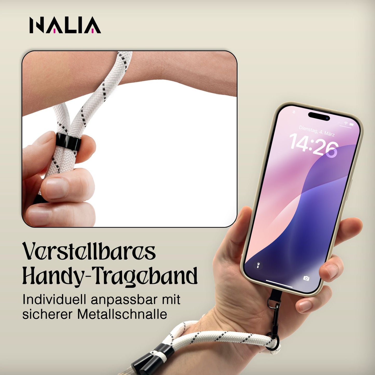 NALIA Universal Handykette Kurz & Kamera-Band – WRISTY (Verstellbare Handgelenkschlaufe inkl. 2 Patches & Feinschlaufe) – Marke aus Berlin