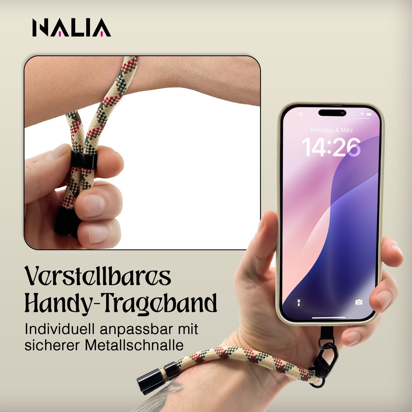 NALIA Universal Handykette Kurz & Kamera-Band – WRISTY (Verstellbare Handgelenkschlaufe inkl. 2 Patches & Feinschlaufe) – Marke aus Berlin