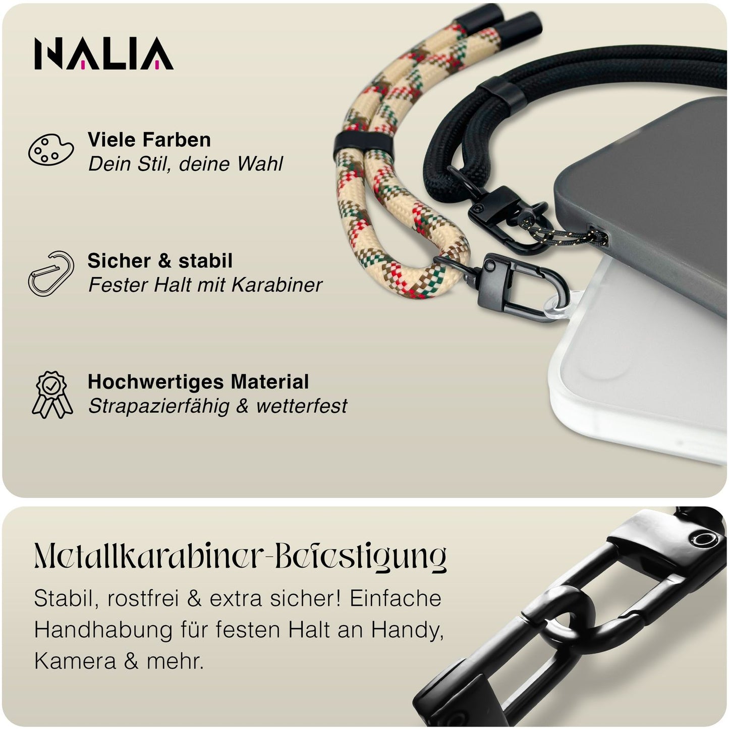 NALIA Universal Handykette Kurz & Kamera-Band – WRISTY (Verstellbare Handgelenkschlaufe inkl. 2 Patches & Feinschlaufe) – Marke aus Berlin