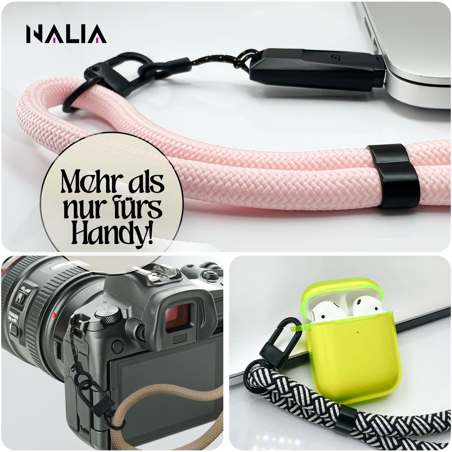 NALIA Universal Handykette Kurz & Kamera-Band – WRISTY (Verstellbare Handgelenkschlaufe inkl. 2 Patches & Feinschlaufe) – Marke aus Berlin