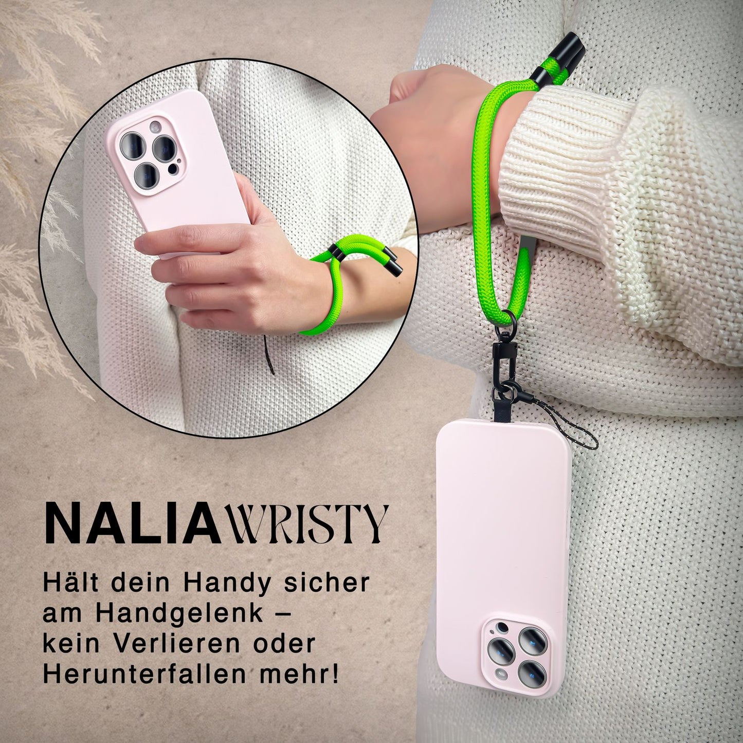 NALIA Universal Handykette Kurz & Kamera-Band – WRISTY (Verstellbare Handgelenkschlaufe inkl. 2 Patches & Feinschlaufe) – Marke aus Berlin