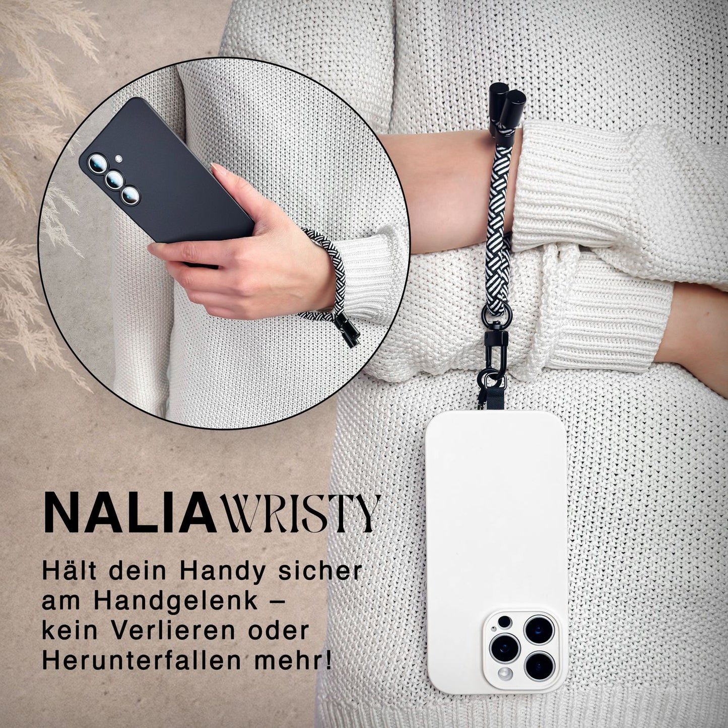NALIA Universal Handykette Kurz & Kamera-Band – WRISTY (Verstellbare Handgelenkschlaufe inkl. 2 Patches & Feinschlaufe) – Marke aus Berlin