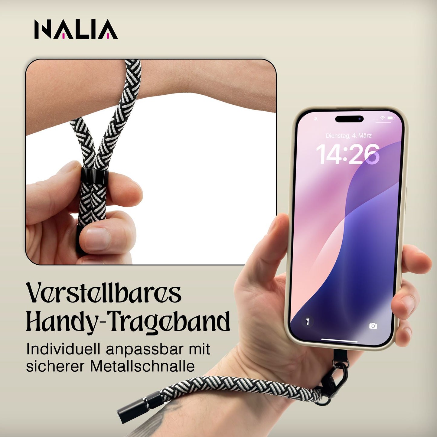 NALIA Universal Handykette Kurz & Kamera-Band – WRISTY (Verstellbare Handgelenkschlaufe inkl. 2 Patches & Feinschlaufe) – Marke aus Berlin