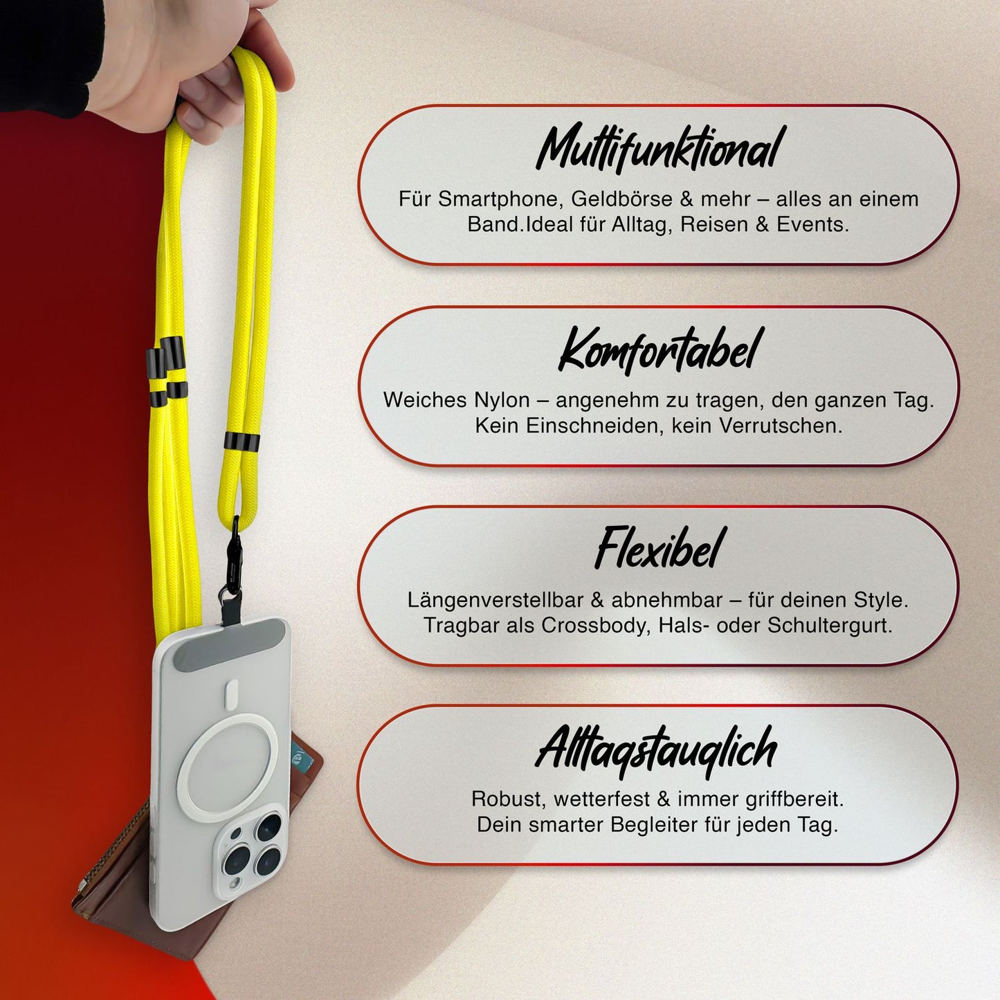 NALIA Universal Handykette für alle Smartphones – Premium Komfort-Nylon & 2 Patches – HOLDME (Geflochtenes Lanyard mit Mattschwarzem Karabiner) – Marke aus Berlin