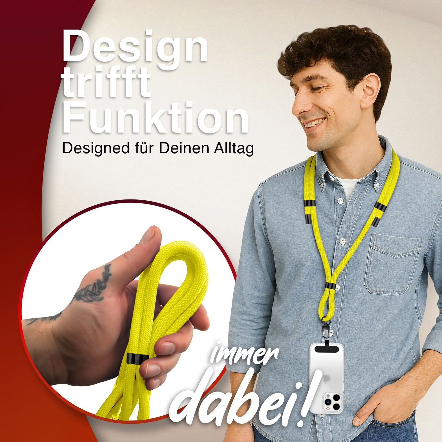NALIA Universal Handykette für alle Smartphones – Premium Komfort-Nylon & 2 Patches – HOLDME (Geflochtenes Lanyard mit Mattschwarzem Karabiner) – Marke aus Berlin