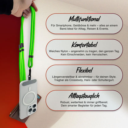 NALIA Universal Handykette für alle Smartphones – Premium Komfort-Nylon & 2 Patches – HOLDME (Geflochtenes Lanyard mit Mattschwarzem Karabiner) – Marke aus Berlin