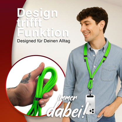 NALIA Universal Handykette für alle Smartphones – Premium Komfort-Nylon & 2 Patches – HOLDME (Geflochtenes Lanyard mit Mattschwarzem Karabiner) – Marke aus Berlin