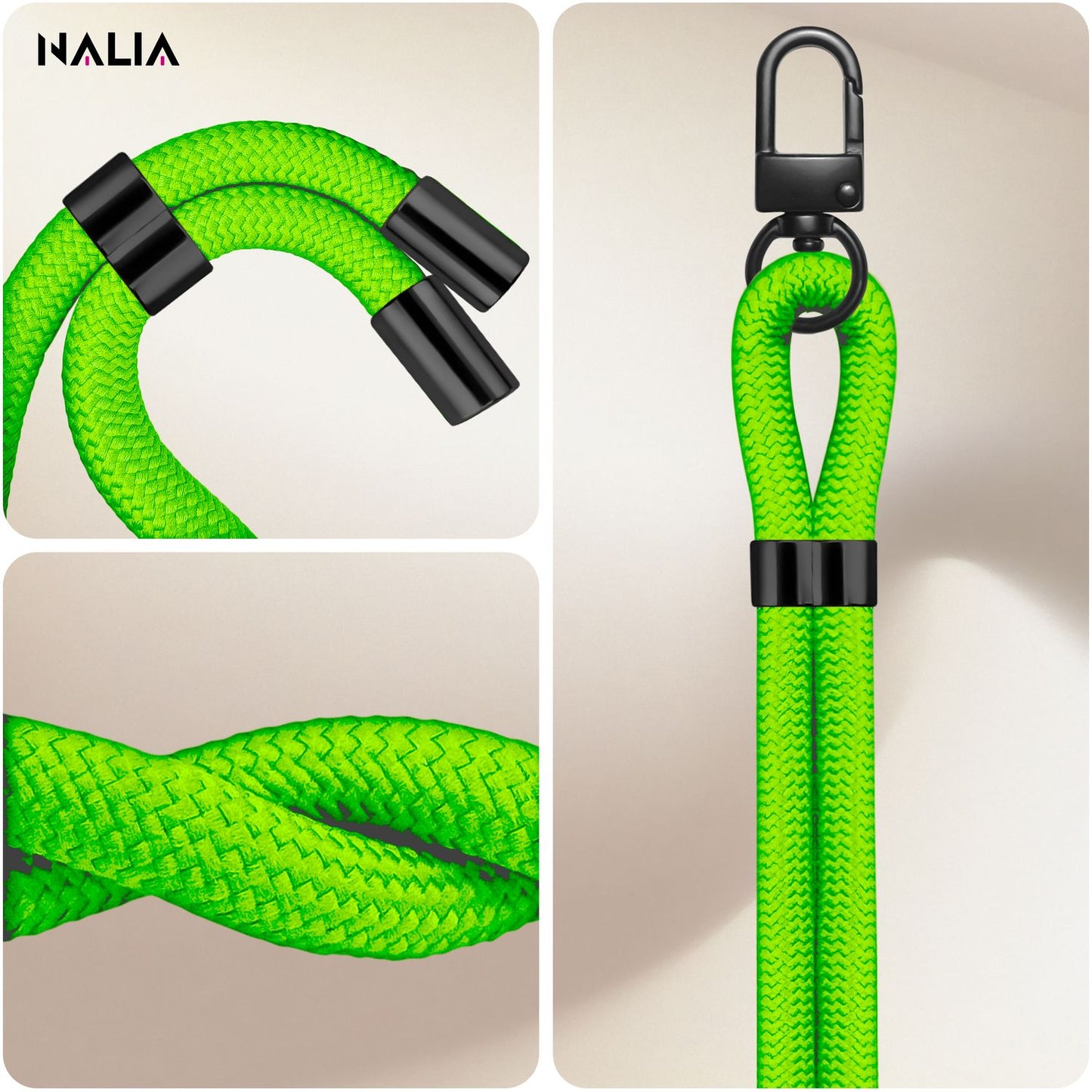 NALIA Universal Handykette für alle Smartphones – Premium Komfort-Nylon & 2 Patches – HOLDME (Geflochtenes Lanyard mit Mattschwarzem Karabiner) – Marke aus Berlin