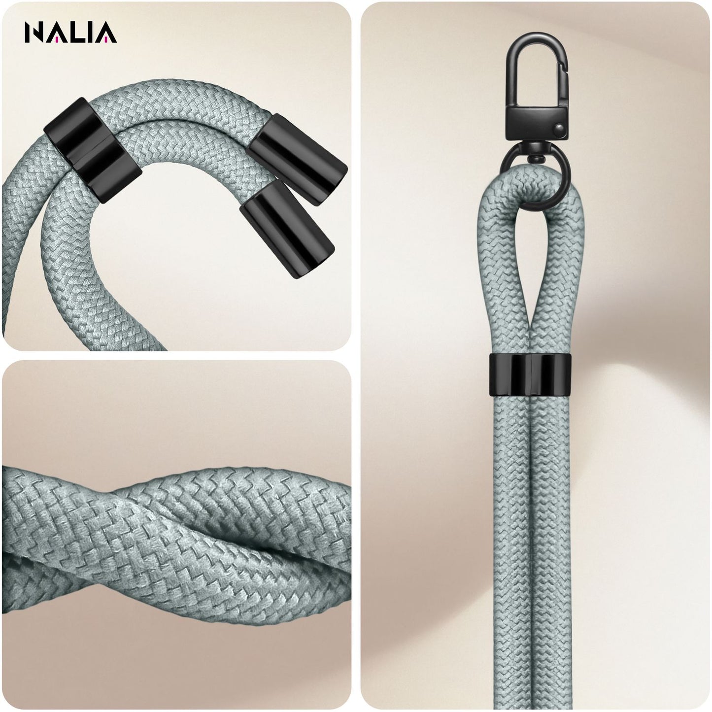 NALIA Universal Handykette für alle Smartphones – Premium Komfort-Nylon & 2 Patches – HOLDME (Geflochtenes Lanyard mit Mattschwarzem Karabiner) – Marke aus Berlin