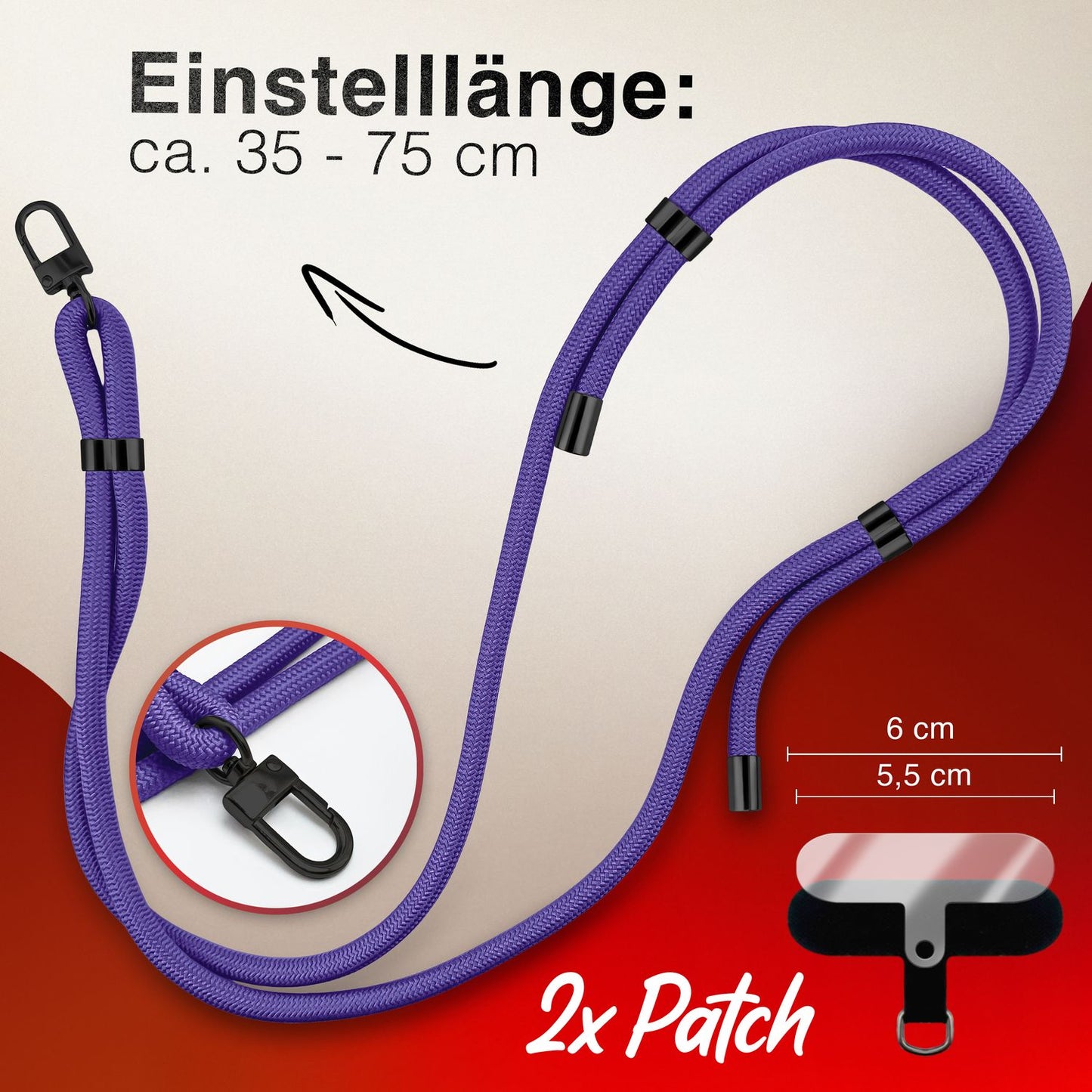 NALIA Universal Handykette für alle Smartphones – Premium Komfort-Nylon & 2 Patches – HOLDME (Geflochtenes Lanyard mit Mattschwarzem Karabiner) – Marke aus Berlin