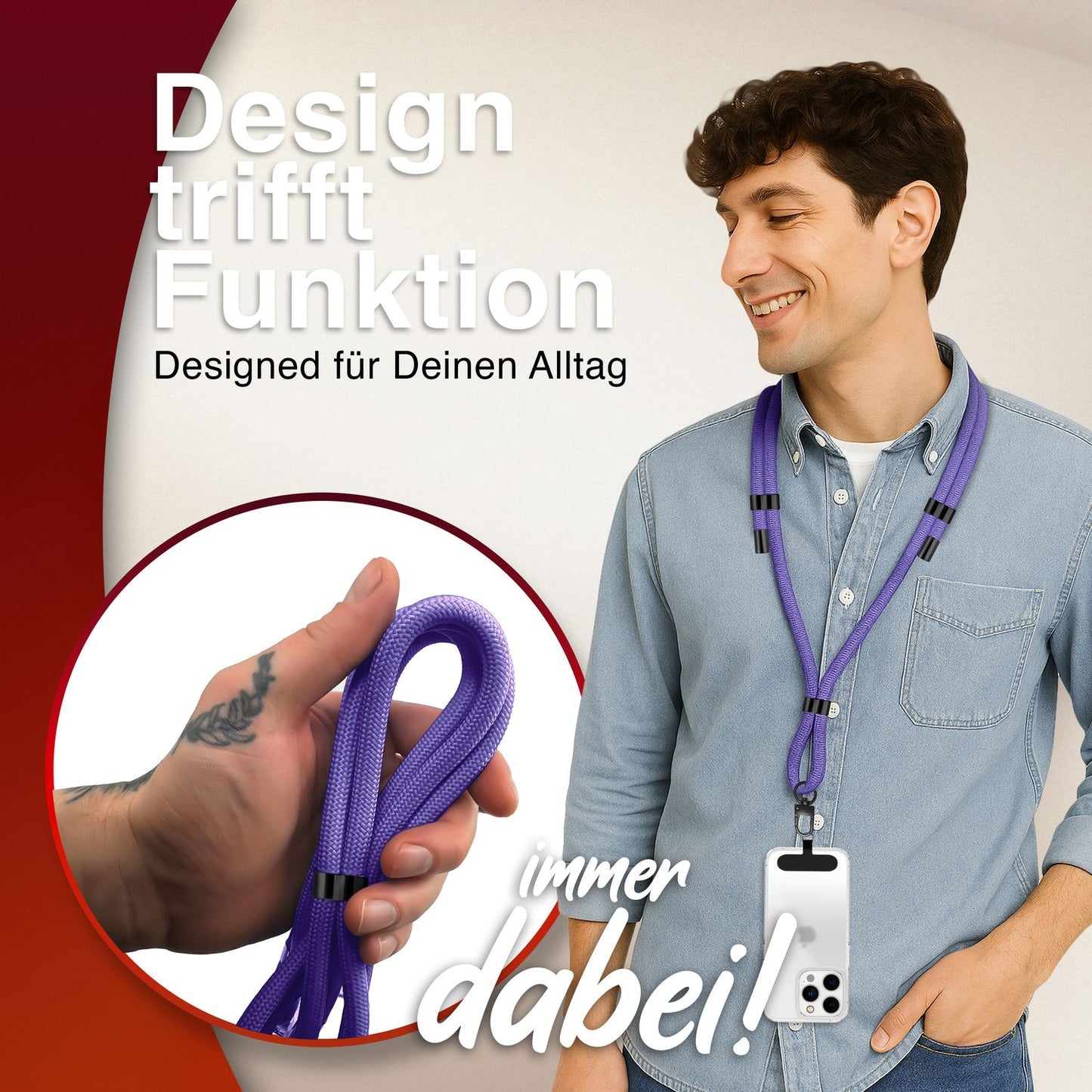 NALIA Universal Handykette für alle Smartphones – Premium Komfort-Nylon & 2 Patches – HOLDME (Geflochtenes Lanyard mit Mattschwarzem Karabiner) – Marke aus Berlin