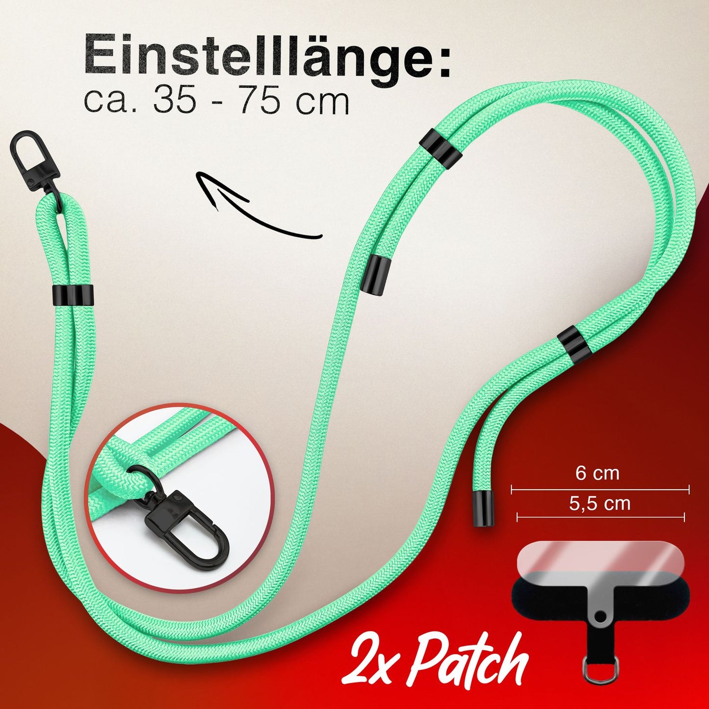 NALIA Universal Handykette für alle Smartphones – Premium Komfort-Nylon & 2 Patches – HOLDME (Geflochtenes Lanyard mit Mattschwarzem Karabiner) – Marke aus Berlin