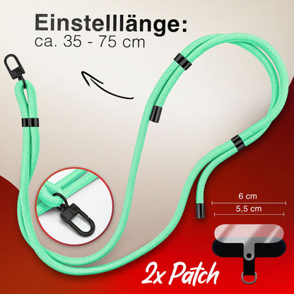 NALIA Universal Handykette für alle Smartphones – Premium Komfort-Nylon & 2 Patches – HOLDME (Geflochtenes Lanyard mit Mattschwarzem Karabiner) – Marke aus Berlin