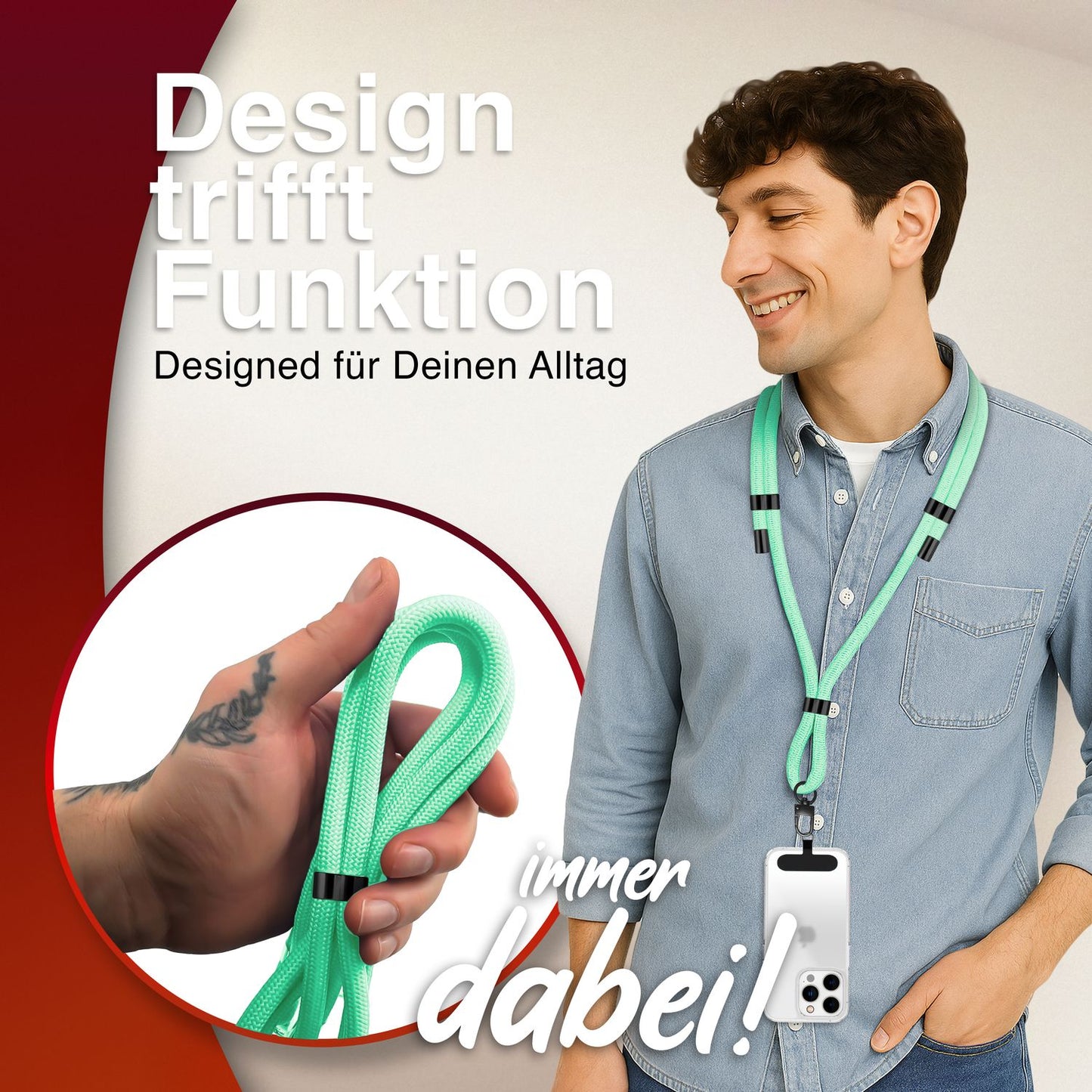 NALIA Universal Handykette für alle Smartphones – Premium Komfort-Nylon & 2 Patches – HOLDME (Geflochtenes Lanyard mit Mattschwarzem Karabiner) – Marke aus Berlin