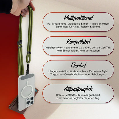NALIA Universal Handykette für alle Smartphones – Premium Komfort-Nylon & 2 Patches – HOLDME (Geflochtenes Lanyard mit Mattschwarzem Karabiner) – Marke aus Berlin