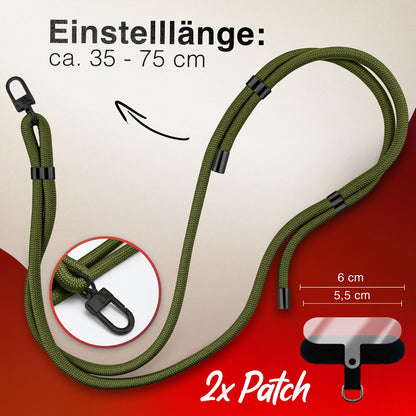 NALIA Universal Handykette für alle Smartphones – Premium Komfort-Nylon & 2 Patches – HOLDME (Geflochtenes Lanyard mit Mattschwarzem Karabiner) – Marke aus Berlin