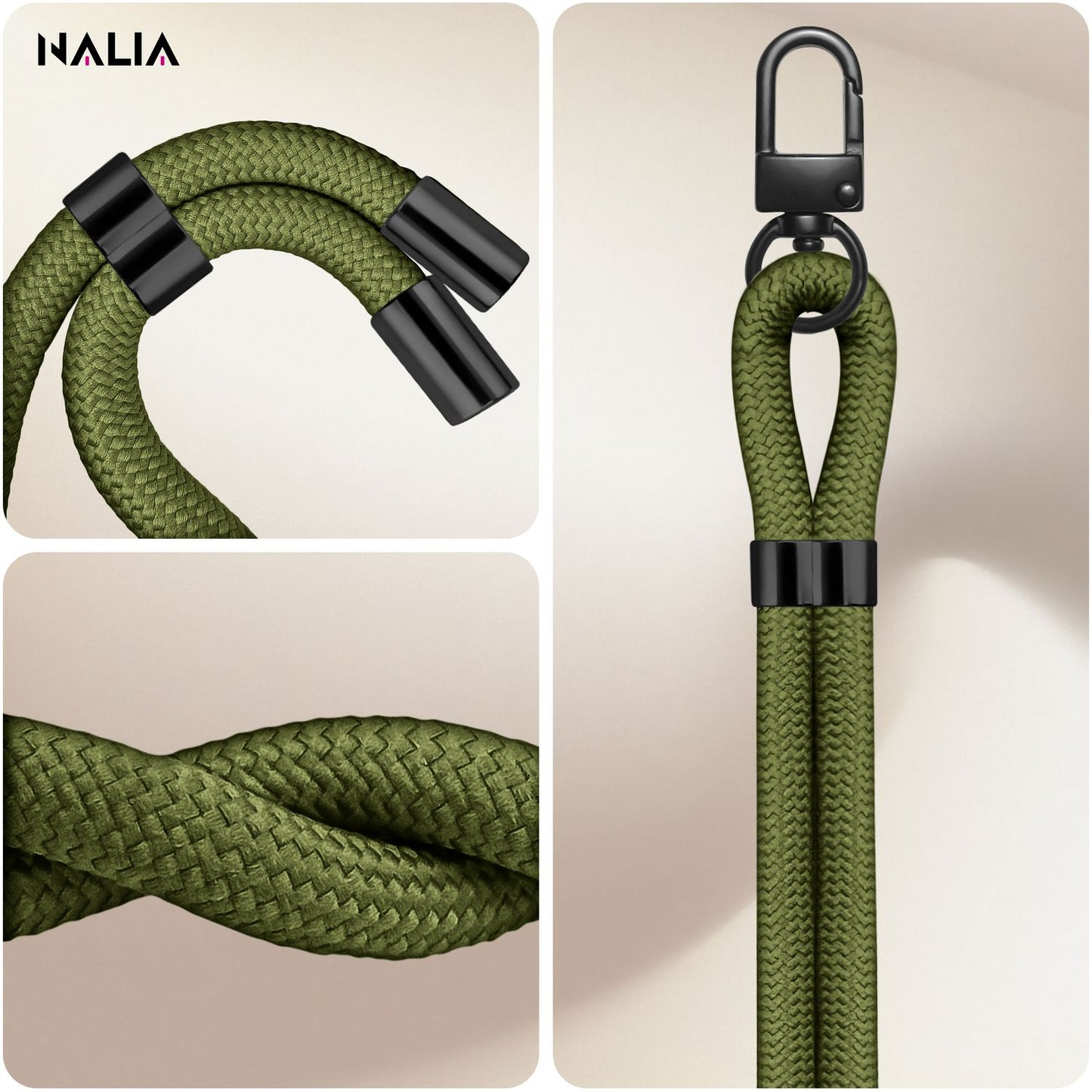 NALIA Universal Handykette für alle Smartphones – Premium Komfort-Nylon & 2 Patches – HOLDME (Geflochtenes Lanyard mit Mattschwarzem Karabiner) – Marke aus Berlin