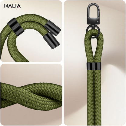 NALIA Universal Handykette für alle Smartphones – Premium Komfort-Nylon & 2 Patches – HOLDME (Geflochtenes Lanyard mit Mattschwarzem Karabiner) – Marke aus Berlin