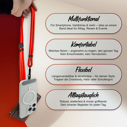 NALIA Universal Handykette für alle Smartphones – Premium Komfort-Nylon & 2 Patches – HOLDME (Geflochtenes Lanyard mit Mattschwarzem Karabiner) – Marke aus Berlin