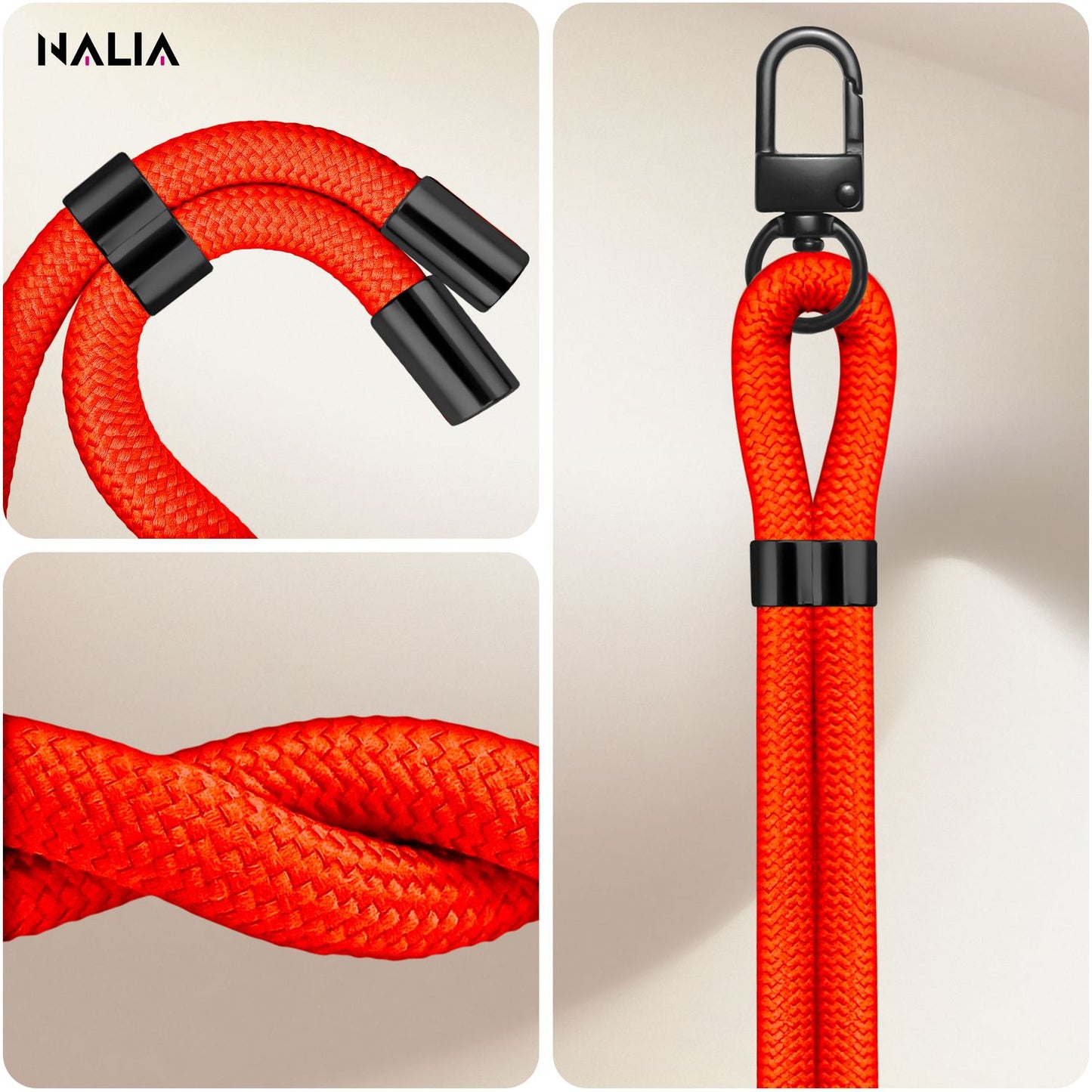 NALIA Universal Handykette für alle Smartphones – Premium Komfort-Nylon & 2 Patches – HOLDME (Geflochtenes Lanyard mit Mattschwarzem Karabiner) – Marke aus Berlin