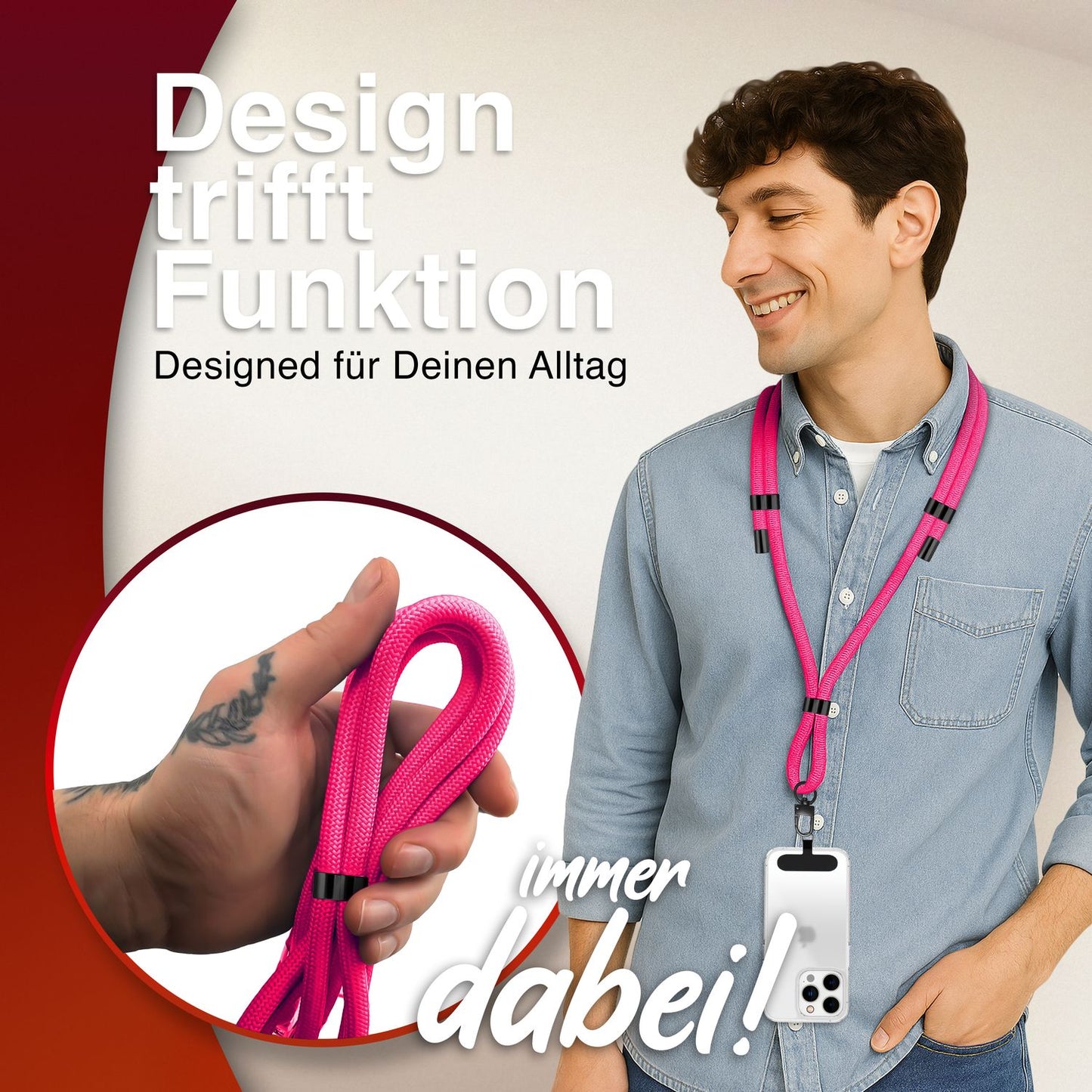NALIA Universal Handykette für alle Smartphones – Premium Komfort-Nylon & 2 Patches – HOLDME (Geflochtenes Lanyard mit Mattschwarzem Karabiner) – Marke aus Berlin