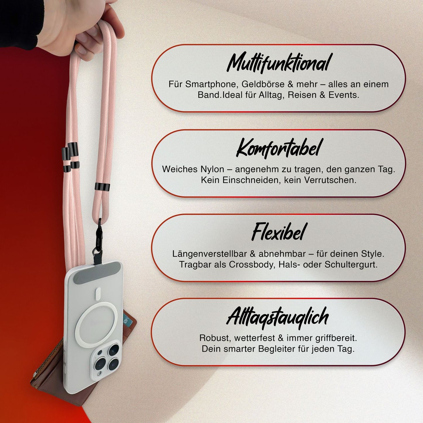 NALIA Universal Handykette für alle Smartphones – Premium Komfort-Nylon & 2 Patches – HOLDME (Geflochtenes Lanyard mit Mattschwarzem Karabiner) – Marke aus Berlin