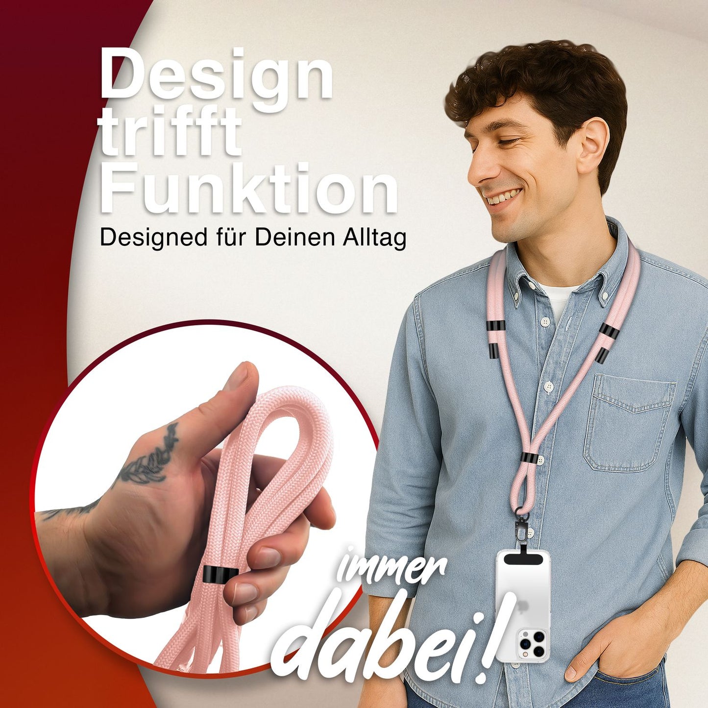 NALIA Universal Handykette für alle Smartphones – Premium Komfort-Nylon & 2 Patches – HOLDME (Geflochtenes Lanyard mit Mattschwarzem Karabiner) – Marke aus Berlin
