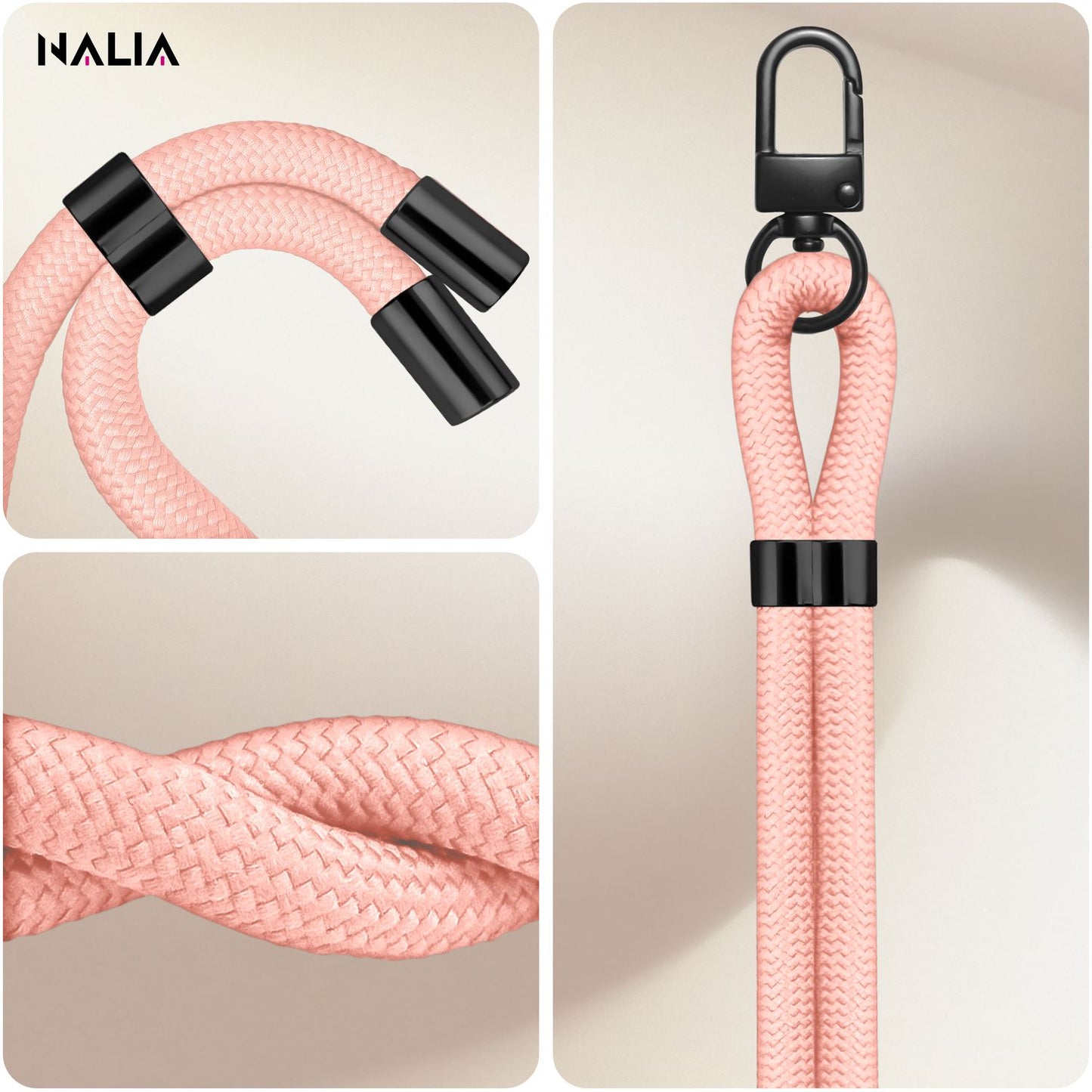 NALIA Universal Handykette für alle Smartphones – Premium Komfort-Nylon & 2 Patches – HOLDME (Geflochtenes Lanyard mit Mattschwarzem Karabiner) – Marke aus Berlin