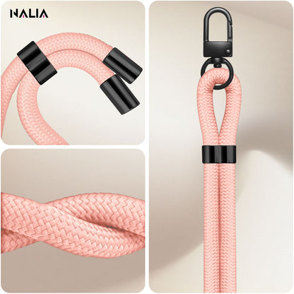 NALIA Universal Handykette für alle Smartphones – Premium Komfort-Nylon & 2 Patches – HOLDME (Geflochtenes Lanyard mit Mattschwarzem Karabiner) – Marke aus Berlin