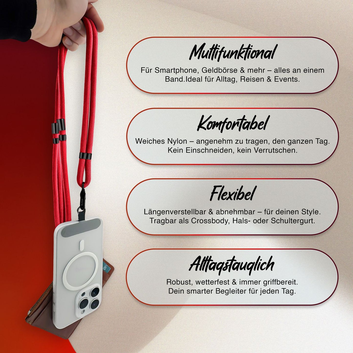 NALIA Universal Handykette für alle Smartphones – Premium Komfort-Nylon & 2 Patches – HOLDME (Geflochtenes Lanyard mit Mattschwarzem Karabiner) – Marke aus Berlin