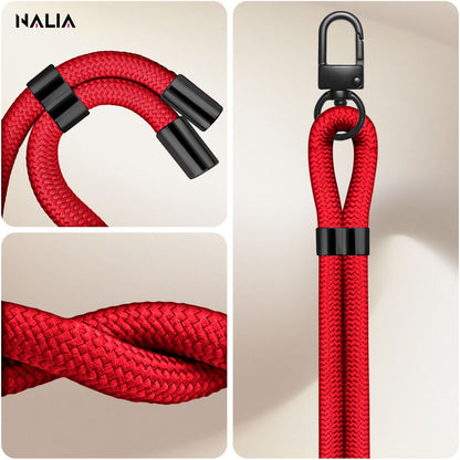 NALIA Universal Handykette für alle Smartphones – Premium Komfort-Nylon & 2 Patches – HOLDME (Geflochtenes Lanyard mit Mattschwarzem Karabiner) – Marke aus Berlin