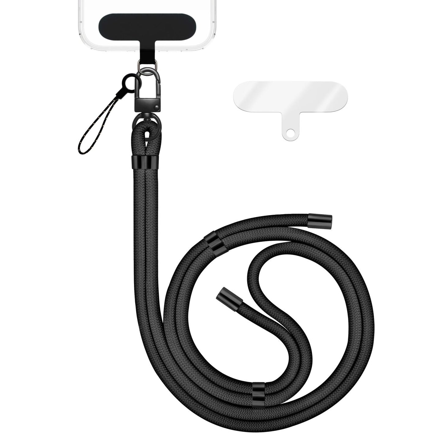 NALIA Universal Handykette für alle Smartphones – Premium Komfort-Nylon & 2 Patches – HOLDME (Geflochtenes Lanyard mit Mattschwarzem Karabiner) – Marke aus Berlin