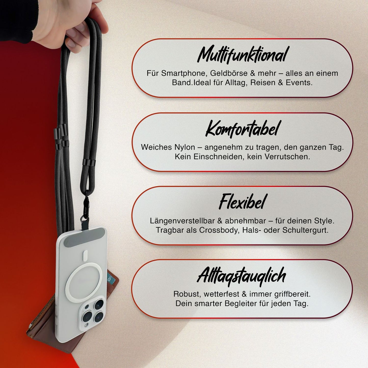 NALIA Universal Handykette für alle Smartphones – Premium Komfort-Nylon & 2 Patches – HOLDME (Geflochtenes Lanyard mit Mattschwarzem Karabiner) – Marke aus Berlin